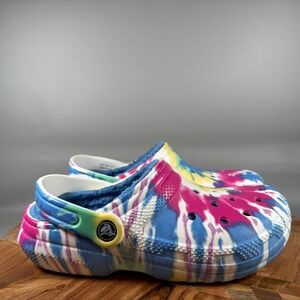 Crocs Classic Lined Tie Dye Clogs Womens Size 6 Blue Pink Yellow Fur Lined